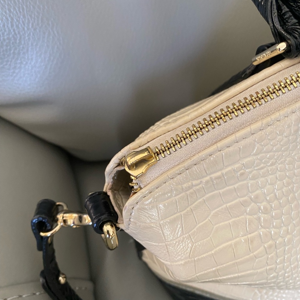Brahmin Croc-Embossed Satchel in Ivory and Black - Picture 3 of 9